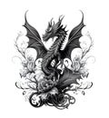 Dragon Tattoo Isolated, tribal wyvern silhouette, Black White Dragon, Abstract Generative AI Illustration