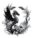 Dragon Tattoo Isolated, tribal wyvern silhouette, Black White Dragon, Abstract Generative AI Illustration