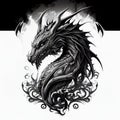 Dragon Tattoo Isolated, tribal wyvern silhouette, Black White Dragon, Abstract Generative AI Illustration