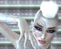 Dragon tattoo sci fi girl with futuristic outfit, Mohawk hairstyle and glowing abstract background.