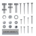 Set of 3d realistic metal screws, stainless steel bolts, nuts, rivets and nails isolated on white background. Royalty Free Stock Photo