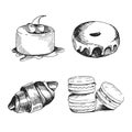 Hand drawn confection icons for food menu with cakes, croissant, cookies , macaroons and donut. Fast food vector. Great vintage li