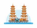 Dragon and Tiger Pagodas in Lotus Lake, Kaohsiung, Taiwan. Famous Temple Landmark Building Flat Cartoon illustration Vector Royalty Free Stock Photo