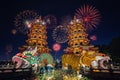 The Dragon and Tiger Pagodas (Lotus Lake, Kaohsiung, Taiwan) with fireworks Royalty Free Stock Photo