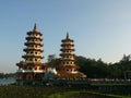 Dragon tiger towers in lotus pond Royalty Free Stock Photo