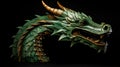 Dragon traditional handmade wooden head carving texture. Dark green golden gate wall decoration Chinese ethnic beast