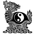 Dragon turtle sitting on a lot of coins. Black and white silhouette Royalty Free Stock Photo