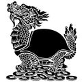 Dragon turtle sitting on a lot of coins. Black and white silhouette Royalty Free Stock Photo