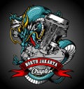 dragon and v-twin engine on blue background