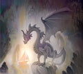 Dragon vision. Oil painting on wood. Dreamful legendary fantastic monster looking at lighting sailboat. Fantasy illustration for