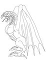 Dragon with wings, sketch, outline drawing, isolated object on a white background, vector illustration