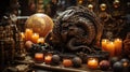 Dragon, wooden, bronze sculpture on the festive table next to candles and New Year's toys, a symbol of 2024