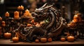 Dragon, wooden, bronze sculpture on the festive table next to candles and New Year's toys, a symbol of 2024