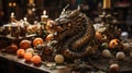 Dragon, wooden, bronze sculpture on the festive table next to candles and New Year's toys, a symbol of 2024