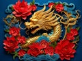 Dragon Zodiac and Flower in Gold Paper Cut Style for Chinese New Year Celebration Royalty Free Stock Photo