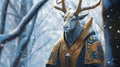 Dragoncore-inspired Deer In Golden Dress Hyper-realistic Snowy Forest Portrait