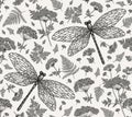 Beautiful Butterfly Dragonfly insect Flowers Animal Illustrations Drawing engraving Seamless Background pattern Vintage vector Royalty Free Stock Photo