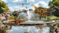 Dragonflies Hovering Over Garden Pond on Sunny Day Royalty Free Stock Photo