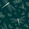 Dragonflies and Leaves Vector Textile Seamless Pattern Royalty Free Stock Photo