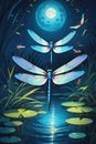 Dragonflies with their colorful wings, painting vibrant streaks, across the moonlit pond, night scene, beautiful, cartoon, disney