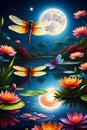 Dragonflies weaving intricate aerial patterns, colorful wings painting vibrant streaks across the moonlit pond, cartoon, disney