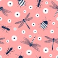 Dragonfly, ant and beetle on pink background.