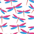 Dragonfly beautiful seamless pattern. Spring dress textile print with damselfly insects. Graphic