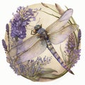 Dragonfly, beautiful, vintage style, surrounded by violets, ethereal, detailed watercolor - Generative AI