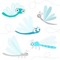 Dragonfly big icon set. Cute cartoon kawaii funny character. Blue dragon fly Insect. Big eyes. Smiling face, horns. Baby kids clip