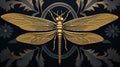 A dragonfly on a black background with gold details, AI