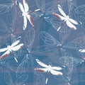 Dragonfly blue white red seamless pattern