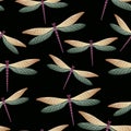 Dragonfly cartoon seamless pattern. Spring clothes fabric print with flying adder insects. Flying