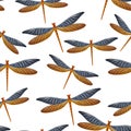 Dragonfly cartoon seamless pattern. Spring dress fabric print with flying adder insects. Isolated