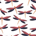 Dragonfly cartoon seamless pattern. Summer dress fabric print with damselfly insects. Close up