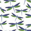 Dragonfly cartoon seamless pattern. Summer dress textile print with darning-needle insects. Graphic