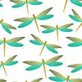 Dragonfly charming seamless pattern. Repeating clothes fabric print with damselfly insects. Graphic