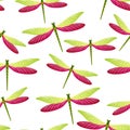 Dragonfly charming seamless pattern. Spring clothes textile print with darning-needle insects.