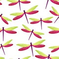 Dragonfly childish seamless pattern. Spring clothes textile print with darning-needle insects.