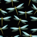 Dragonfly childish seamless pattern. Spring dress textile print with flying adder insects. Close up