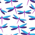 Dragonfly colorful seamless pattern. Spring dress textile print with damselfly insects. Flying