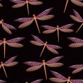 Dragonfly colorful seamless pattern. Summer dress fabric print with damselfly insects. Close up