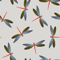 Dragonfly cool seamless pattern. Repeating clothes textile print with damselfly insects. Graphic