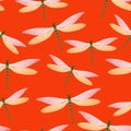 Dragonfly cool seamless pattern. Repeating dress fabric print with damselfly insects. Isolated