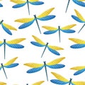 Dragonfly cool seamless pattern. Repeating dress fabric print with darning-needle insects. Flying