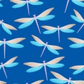 Dragonfly cool seamless pattern. Repeating dress textile print with flying adder insects. Close up