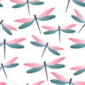 Dragonfly cool seamless pattern. Summer clothes fabric print with damselfly insects. Isolated water