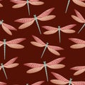 Dragonfly cool seamless pattern. Summer dress fabric print with damselfly insects. Garden water