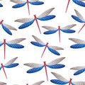 Dragonfly cute seamless pattern. Spring clothes textile print with flying adder insects. Flying