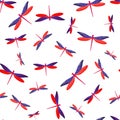 Dragonfly cute seamless pattern. Summer clothes fabric print with darning-needle insects. Graphic