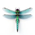 Emerald And Purple Dragonfly: Realistic 3d Rendering On White Background